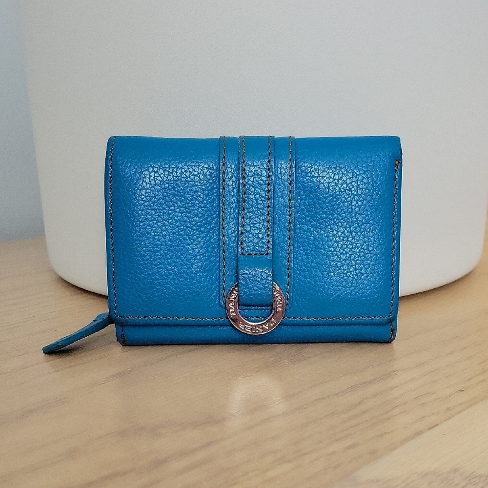 Danier Compact Blue Pebbled Leather Trifold Wallet with Silver Hardware